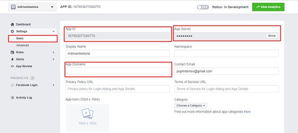 Facebook authentication settings