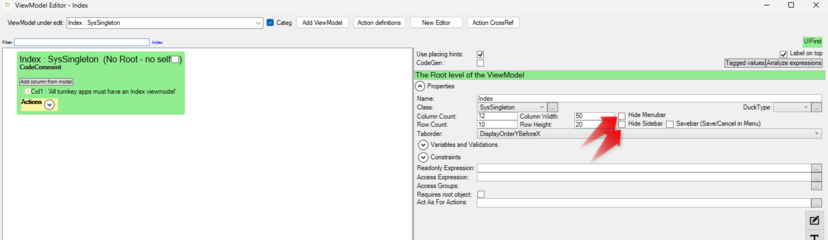 The HideSidebar checkbox on the ViewModel.